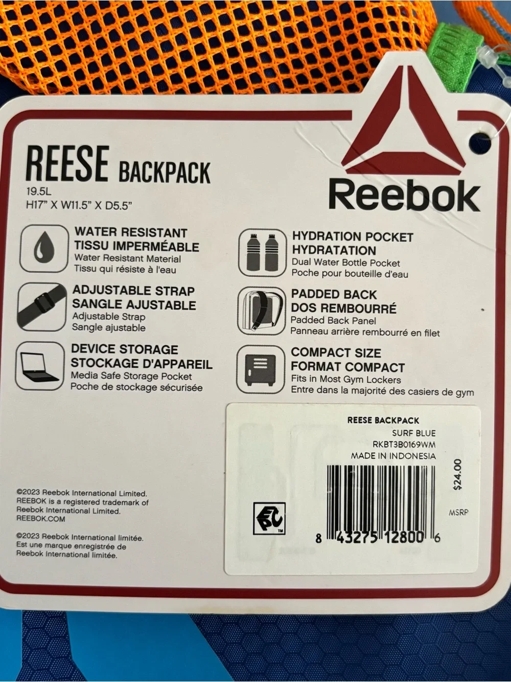 NWT Reebok Surf Blue Green Orange Reese Backpack